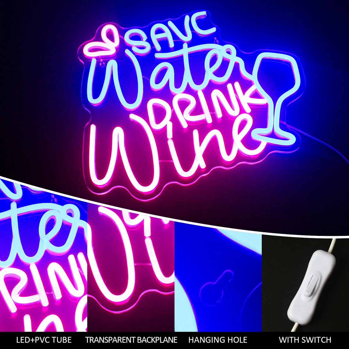 SAVE Water DRINK Wine – Vinglas og dråber – LED-lysskilt (5 V USB)