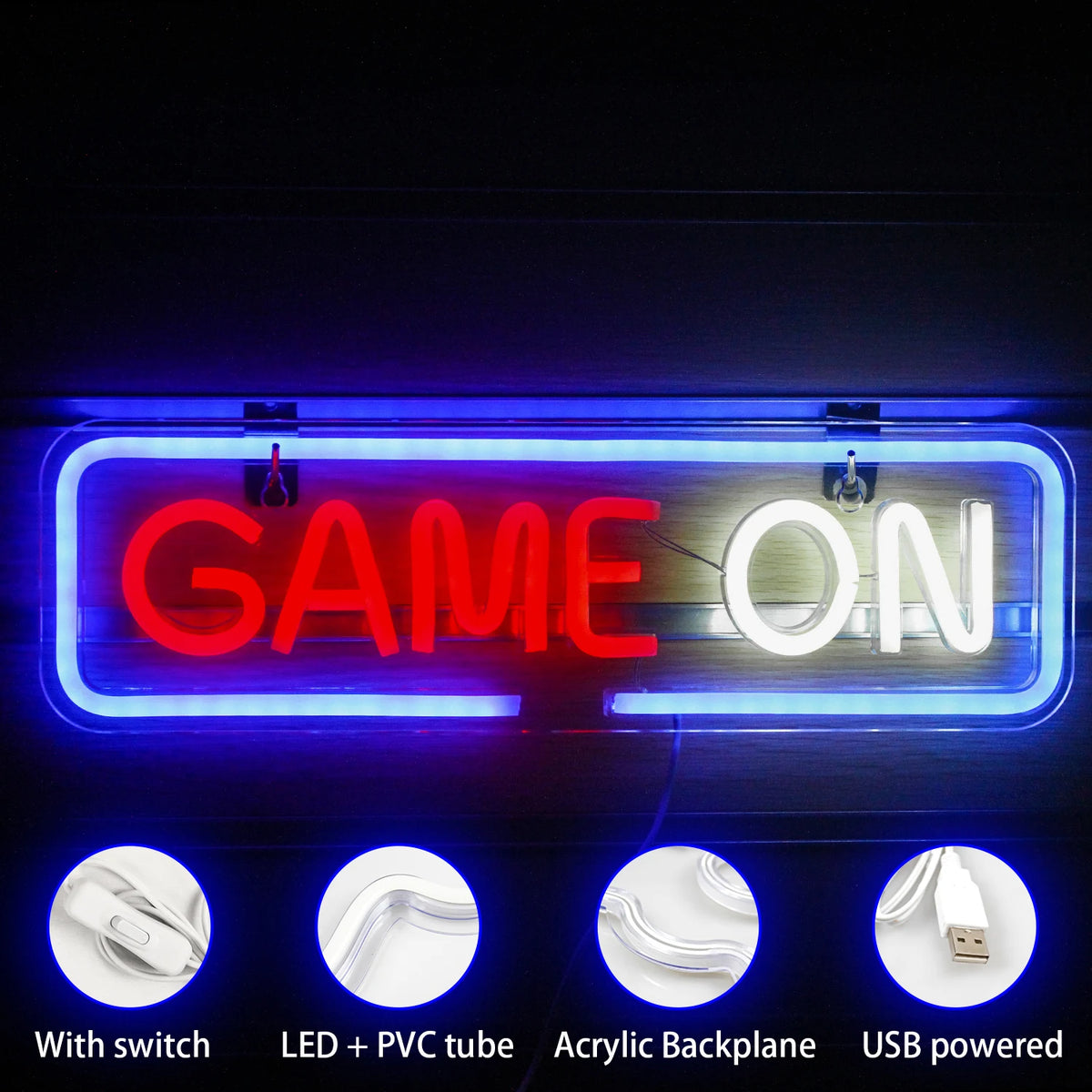 GAME ON – Lekerekített téglalap alakú keret – LED-neon felirat (5 V USB)