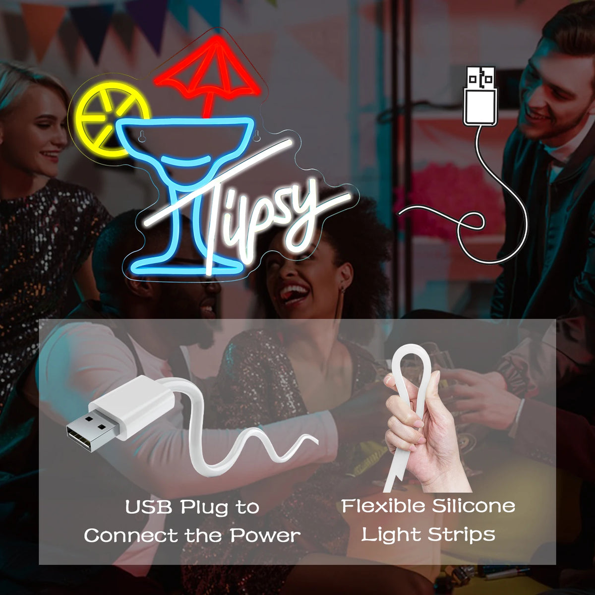 Tipsy – Cocktailglas med paraply og citrusskive – LED-lysskilt (5 V USB)