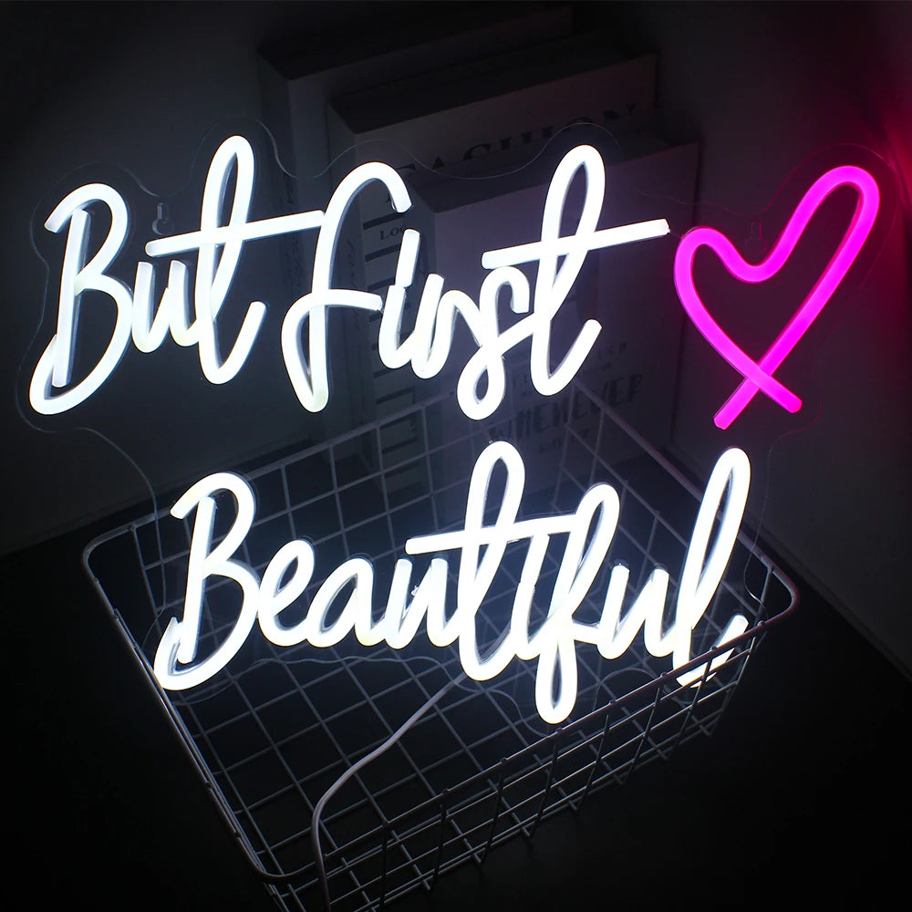 But First Beautiful – Cœur – enseigne néon LED (5 V USB)