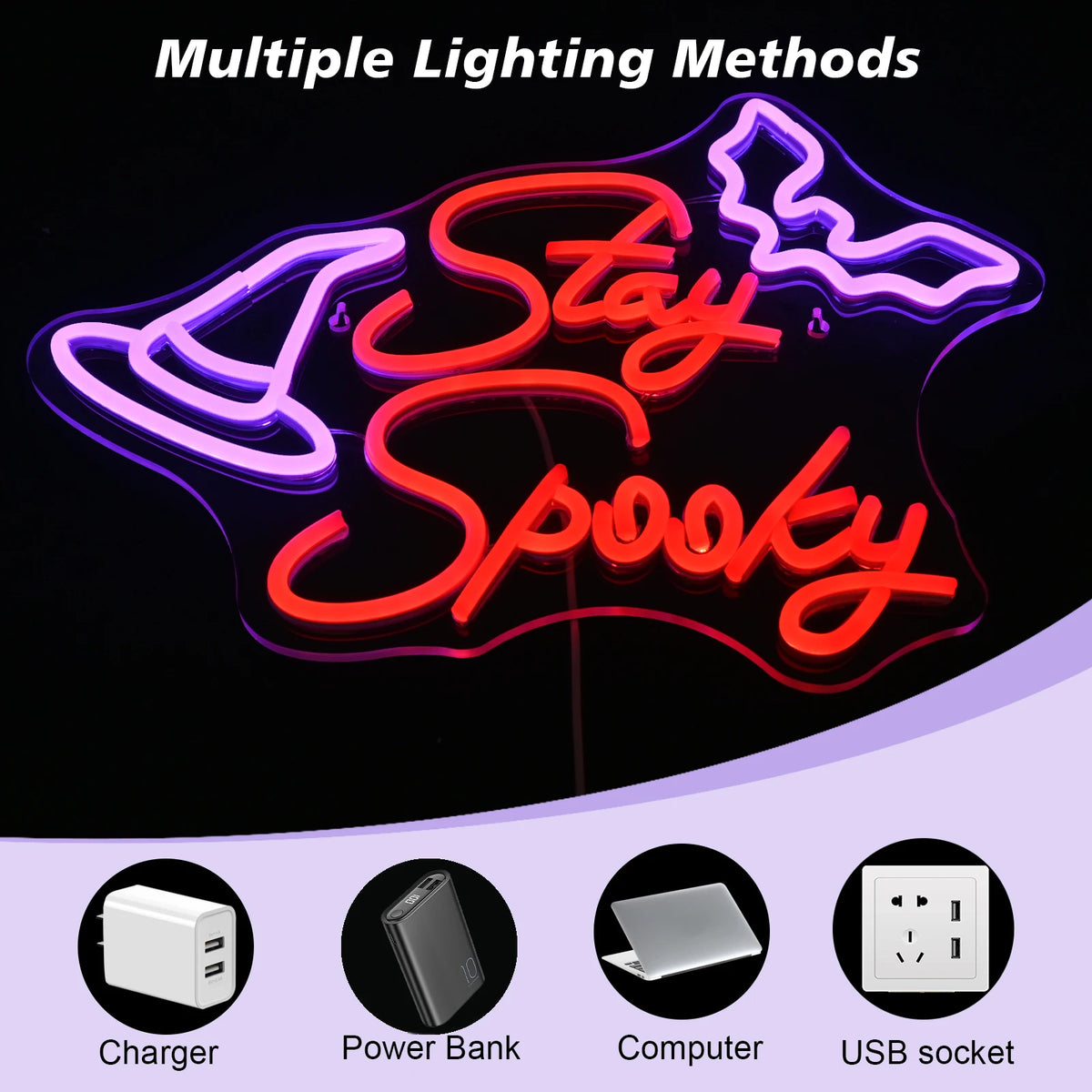 Stay Spooky – Boszorkánykalap és denevér – LED-neon felirat (5 V USB)