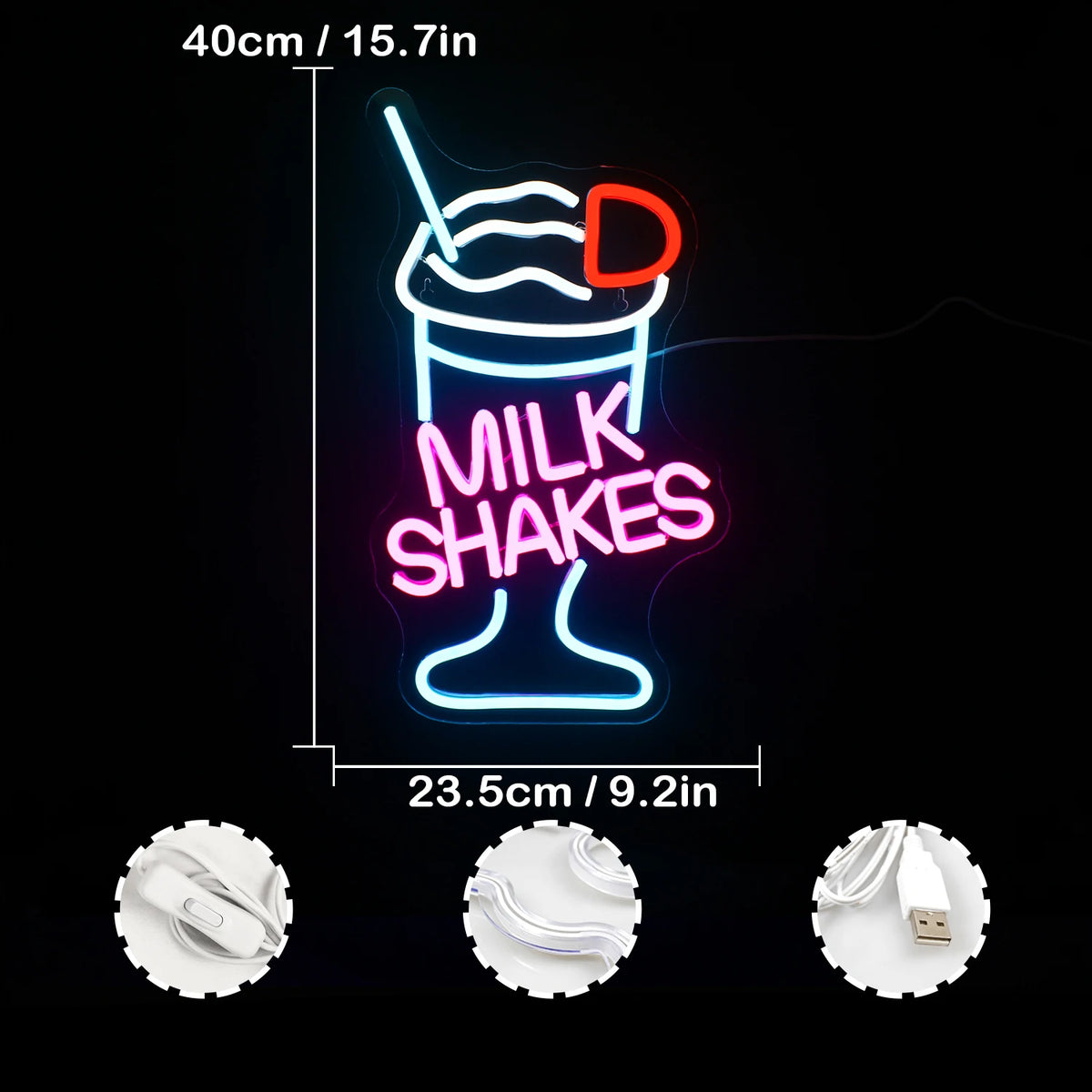 MILK SHAKES – Milchshakeglas – LED-Leuchtschild (5 V USB)
