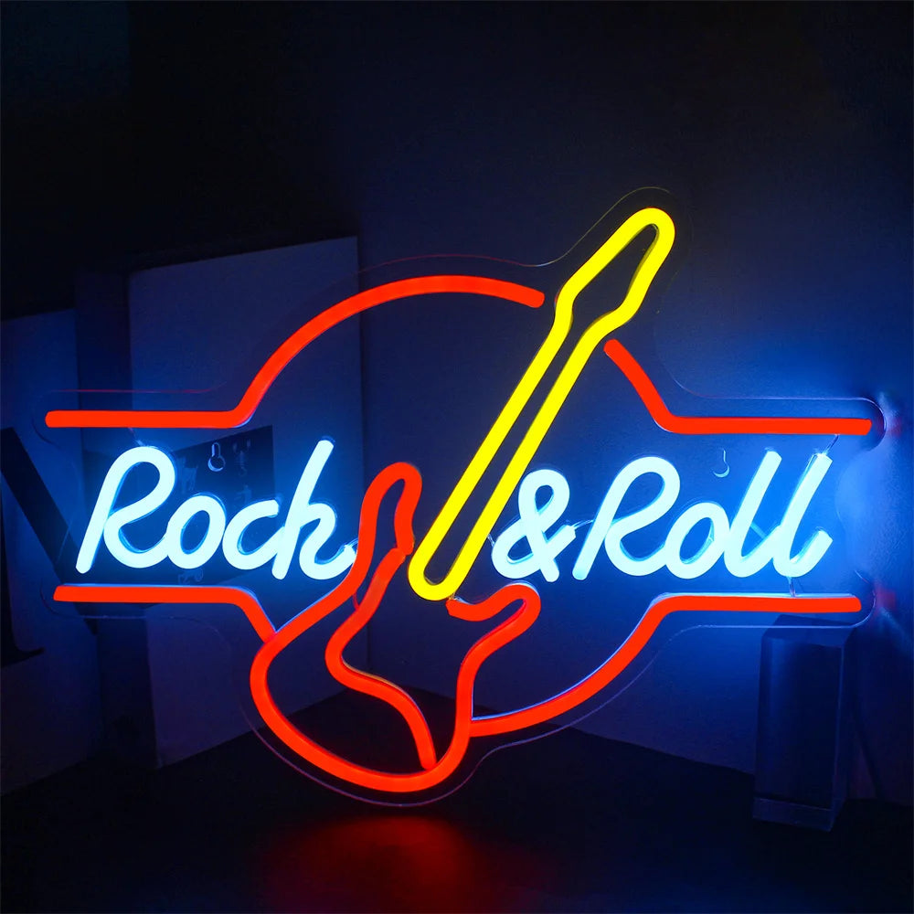 The image features a vibrant LED neon sign shaped like an electric guitar, glowing with bright, colorful lights.