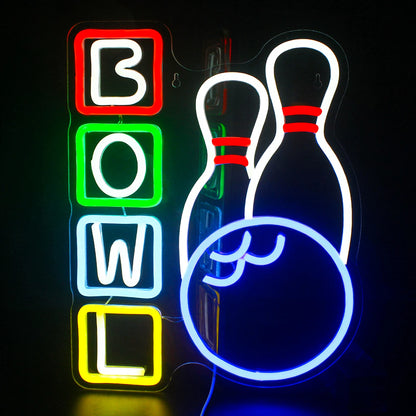 The image showcases a vibrant LED neon sign in the shape of a bowling motif.