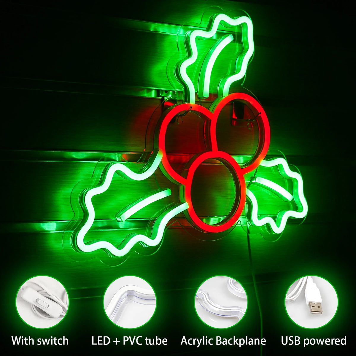 Świąteczne owoce ostrokrzewu – neon LED (5 V USB)