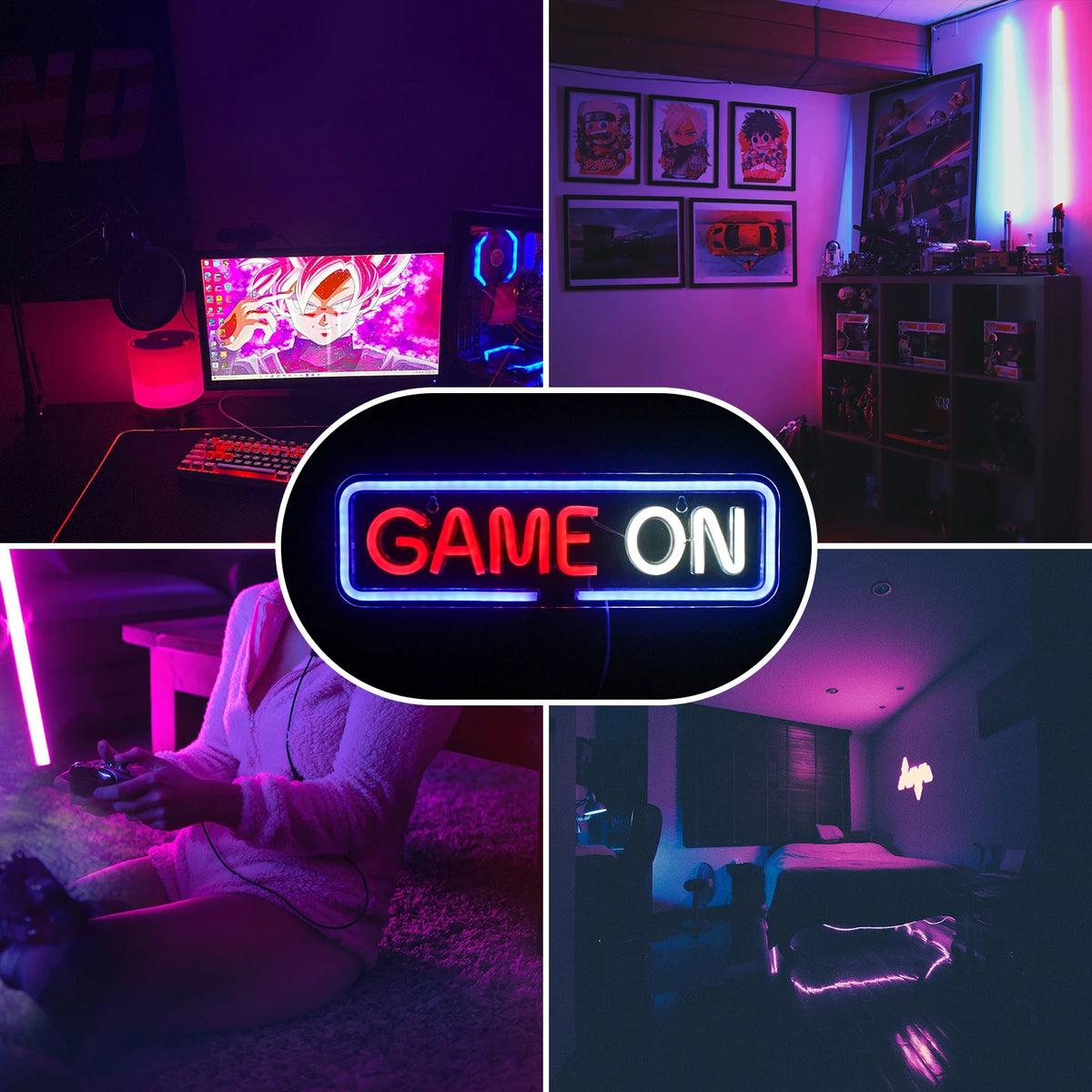GAME ON – Lekerekített téglalap alakú keret – LED-neon felirat (5 V USB)