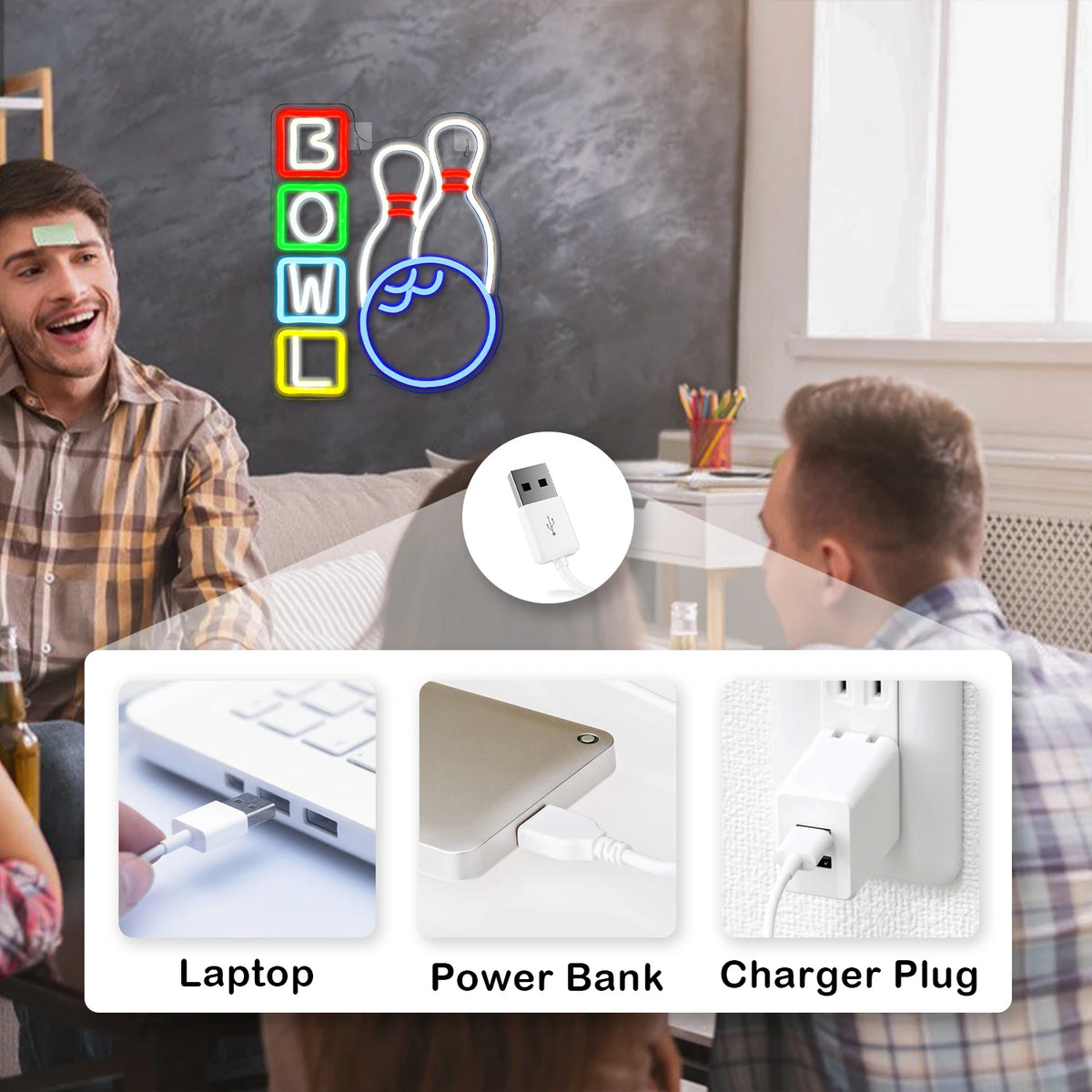 BOWL – Кегли и топка за боулинг – светеща реклама от LED неон (5 V USB)