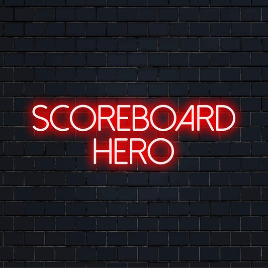 Scoreboard Hero vibrant custom LED neon sign, perfect for enhancing game rooms or sports-themed spaces with dynamic neon light.