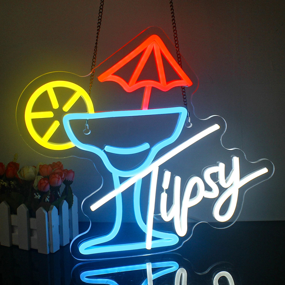 Tipsy – Cocktailglas med paraply og citrusskive – LED-lysskilt (5 V USB)