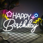 HAPPY Birthday – Csillag és színes szimbólumok – LED-neon felirat (5 V USB)
