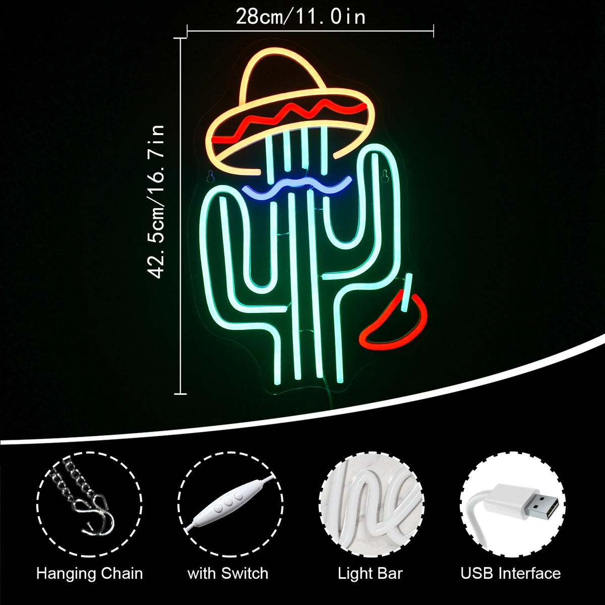 Cactus – néon mural LED (5 V USB)