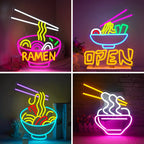 Das Bild zeigt ein lebendiges, handgefertigtes LED-Neonschild, das eine stilisierte Schüssel Ramen darstellt.