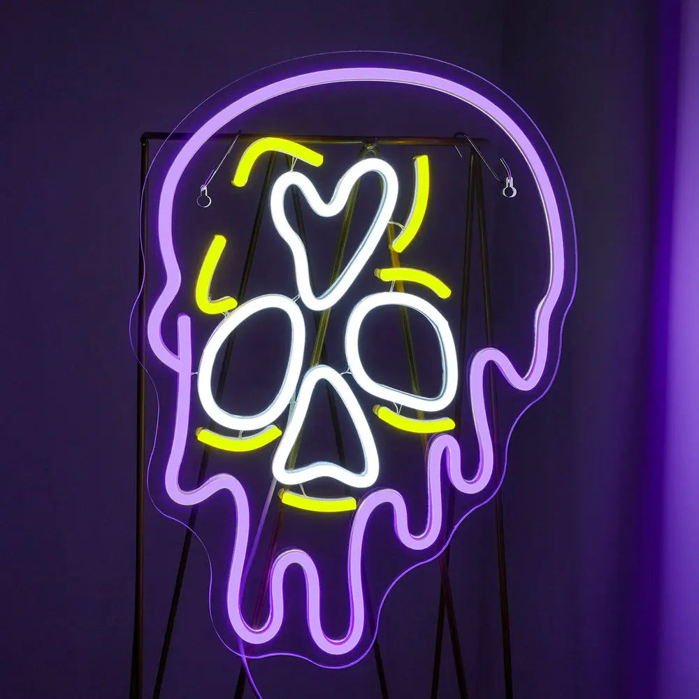 Crâne violet avec effet dégoulinant – néon mural LED (5 V USB)