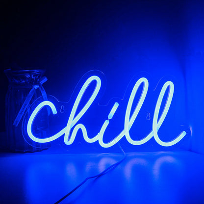 The image displays a "Chill" LED neon sign, featuring the word "Chill" written in a vibrant, cursive style.