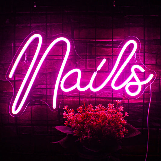 The image features a handmade LED neon sign designed in the shape of a fingernail.