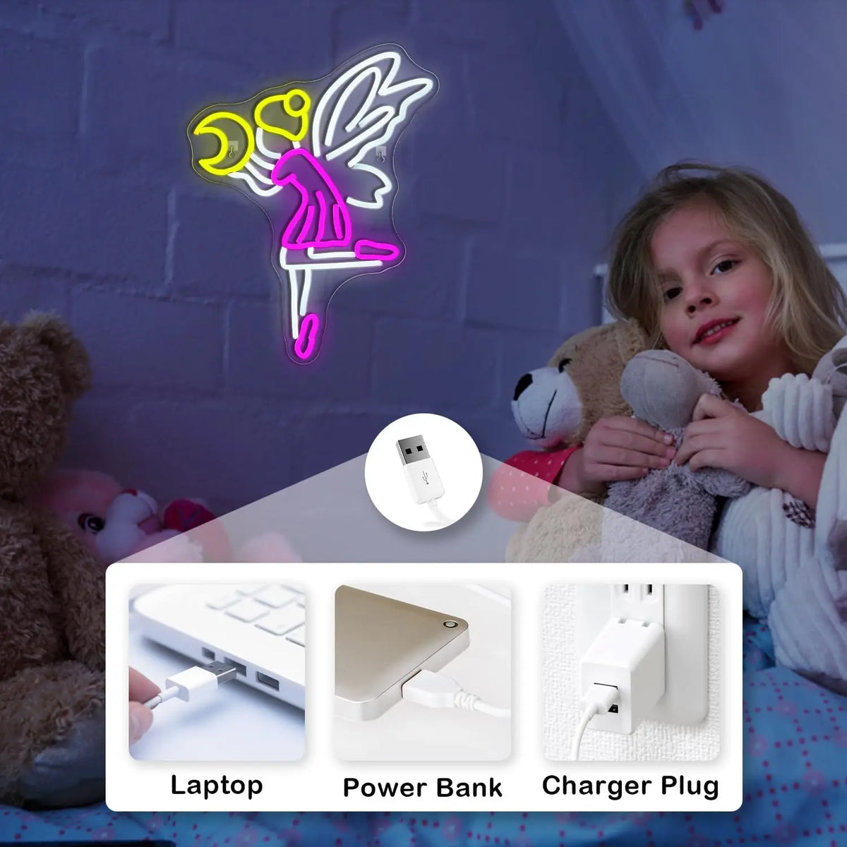 Fata in volo e luna – insegna al neon LED (5 V USB)