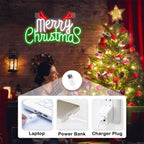 Merry Christmas – Зелени и червени букви с рога – LED неонова табела (5 V USB)