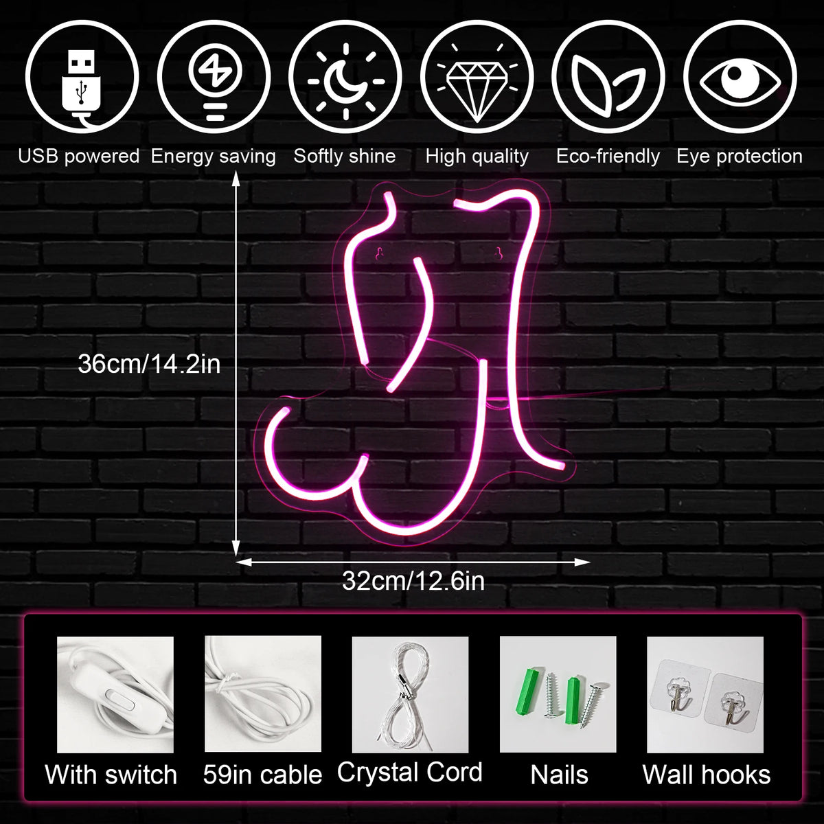 Silhouette féminine – néon mural LED (5 V USB)