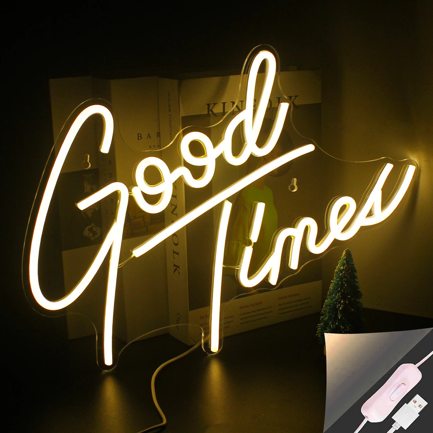 The image features a vibrant "Good Times" LED neon sign, handcrafted with precision.