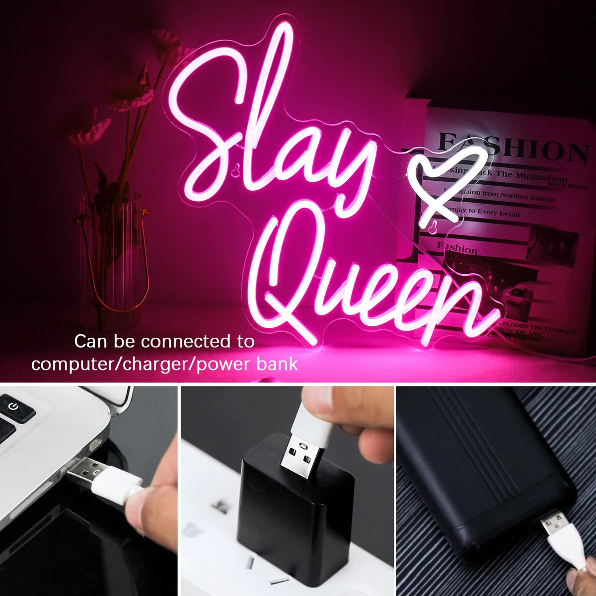 Slay Queen – Hjerte – LED-neonskilt (5 V USB)