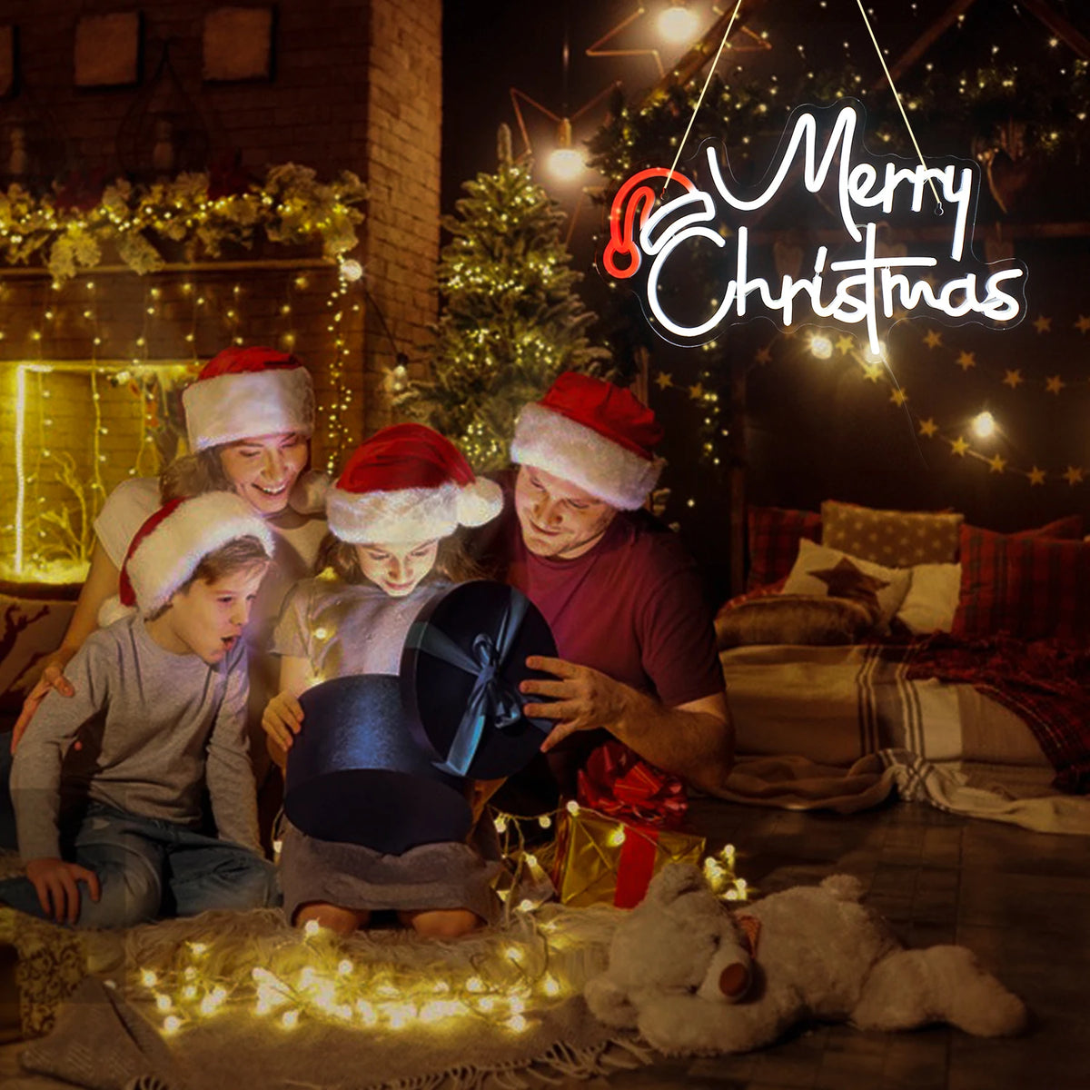 Merry Christmas – Nissehue – LED-lysskilt (5 V USB)