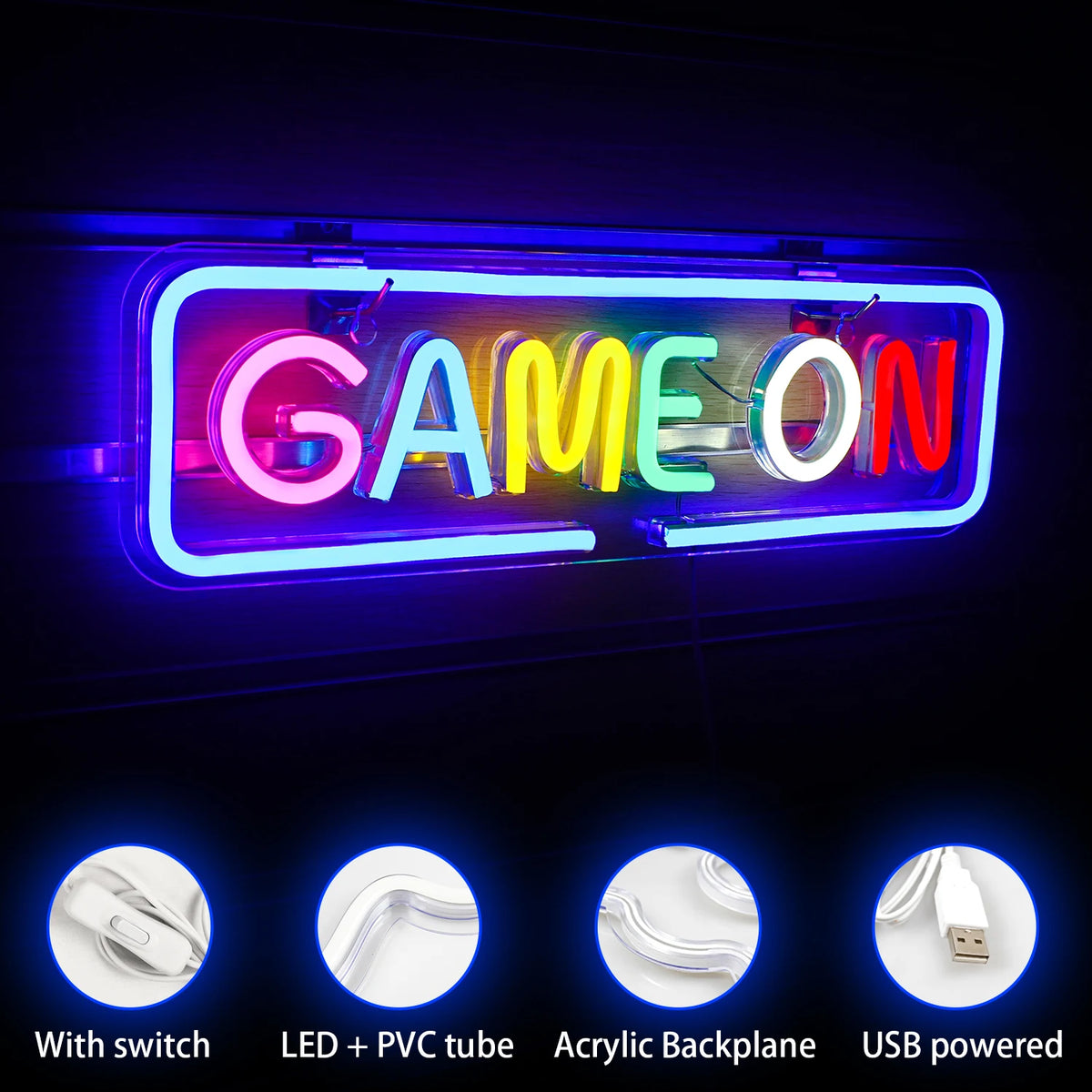 GAME ON – Kleurrijke letters en afgerond rechthoekig kader – LED-neonbord (5 V USB)
