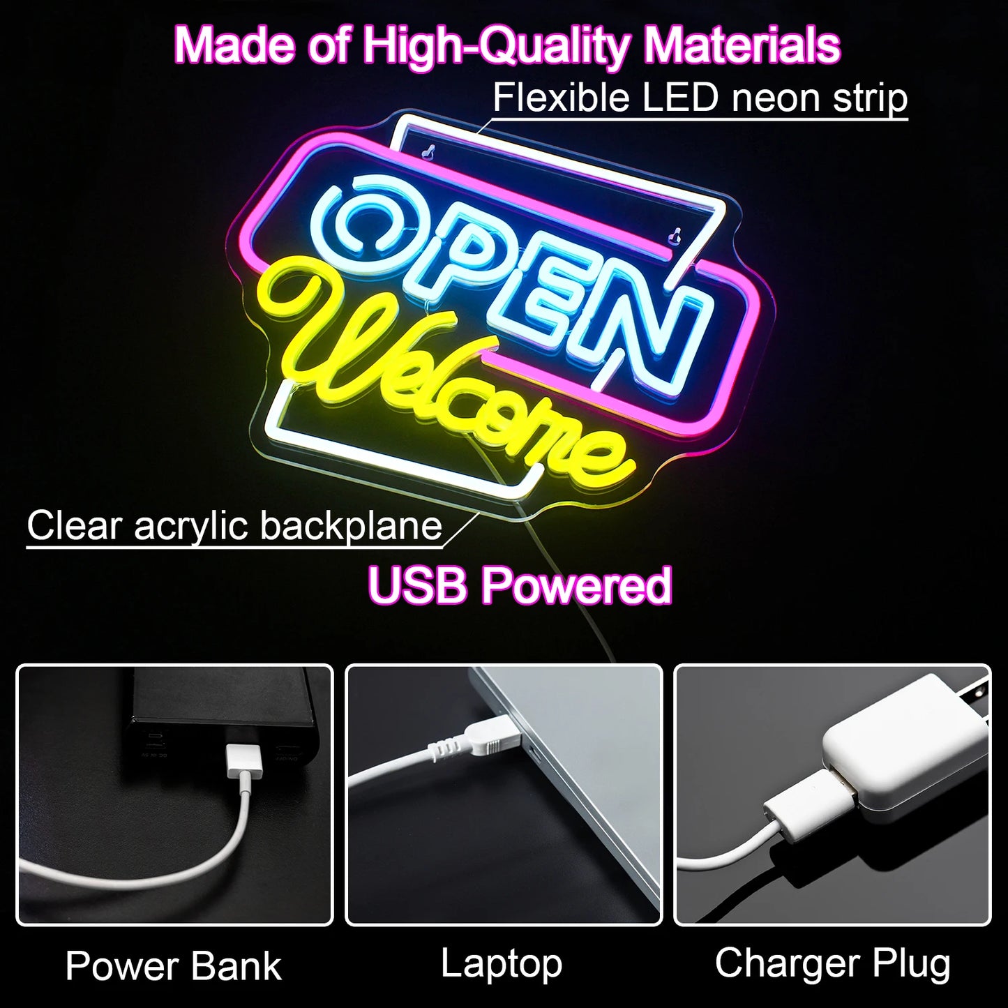 Open Welcome 5V Mini USB LED Neon Sign - Budget Friendly