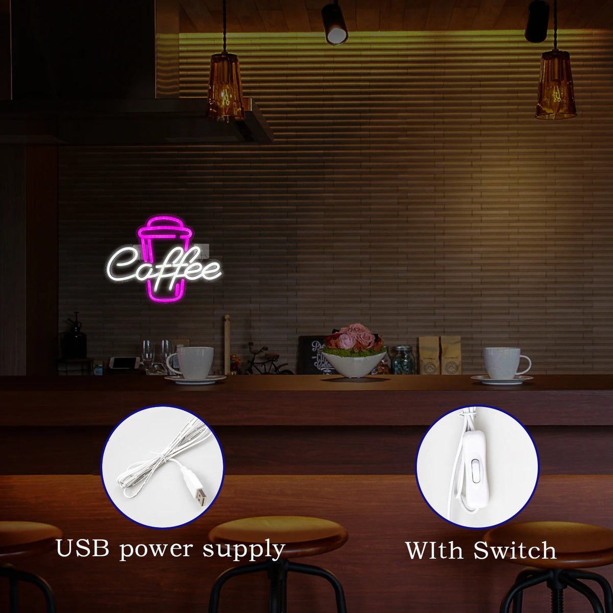 Неонова табела с USB 5V и LED светлина за кафе - бюджетна 