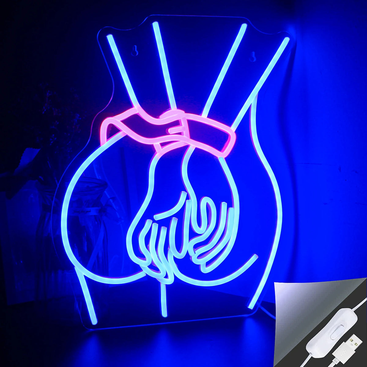 Egy élénk LED-es neonreklám, amely egy női test sziluettjét ábrázolja.