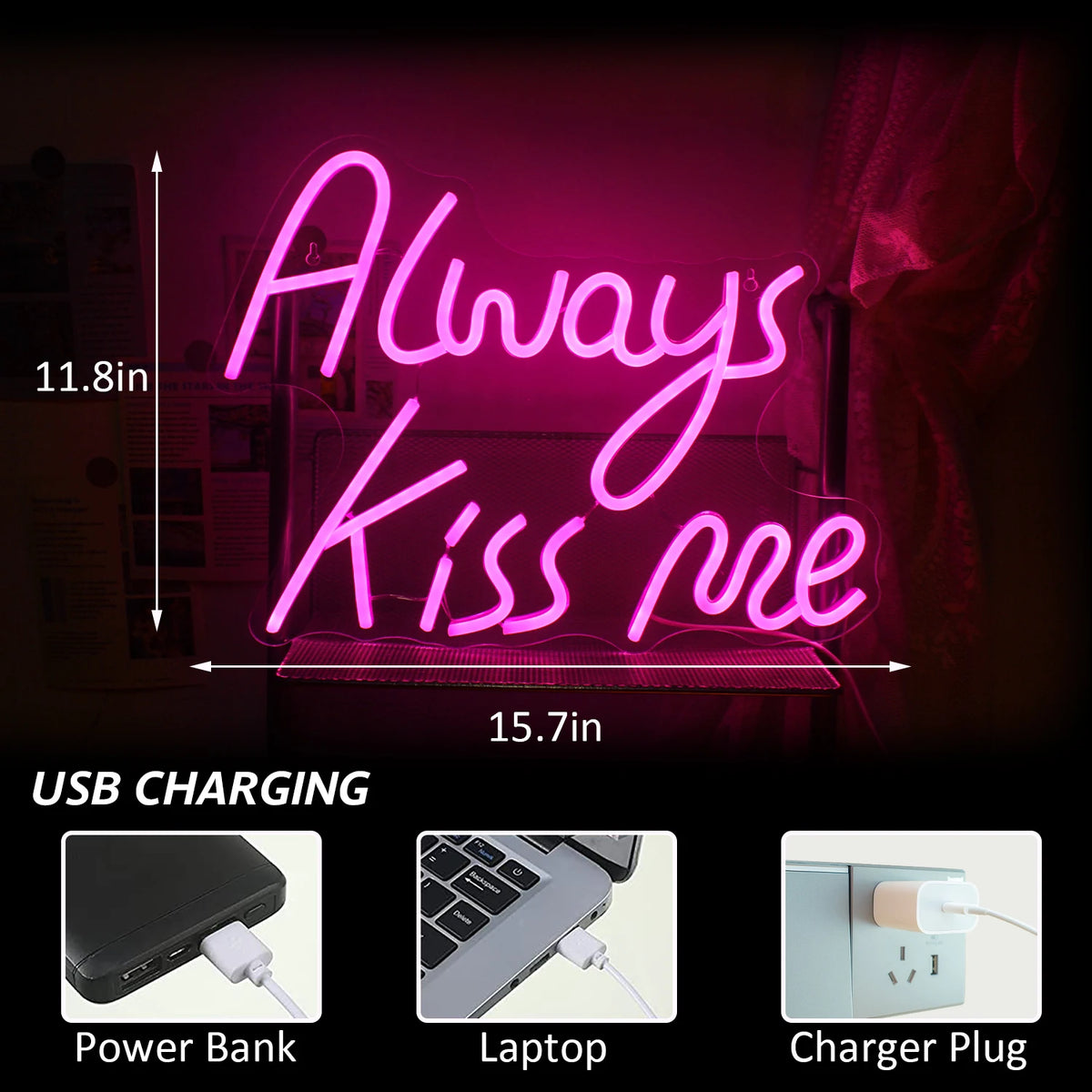 Insegna al neon LED USB 5V rosa "Baciami sempre" - Economica