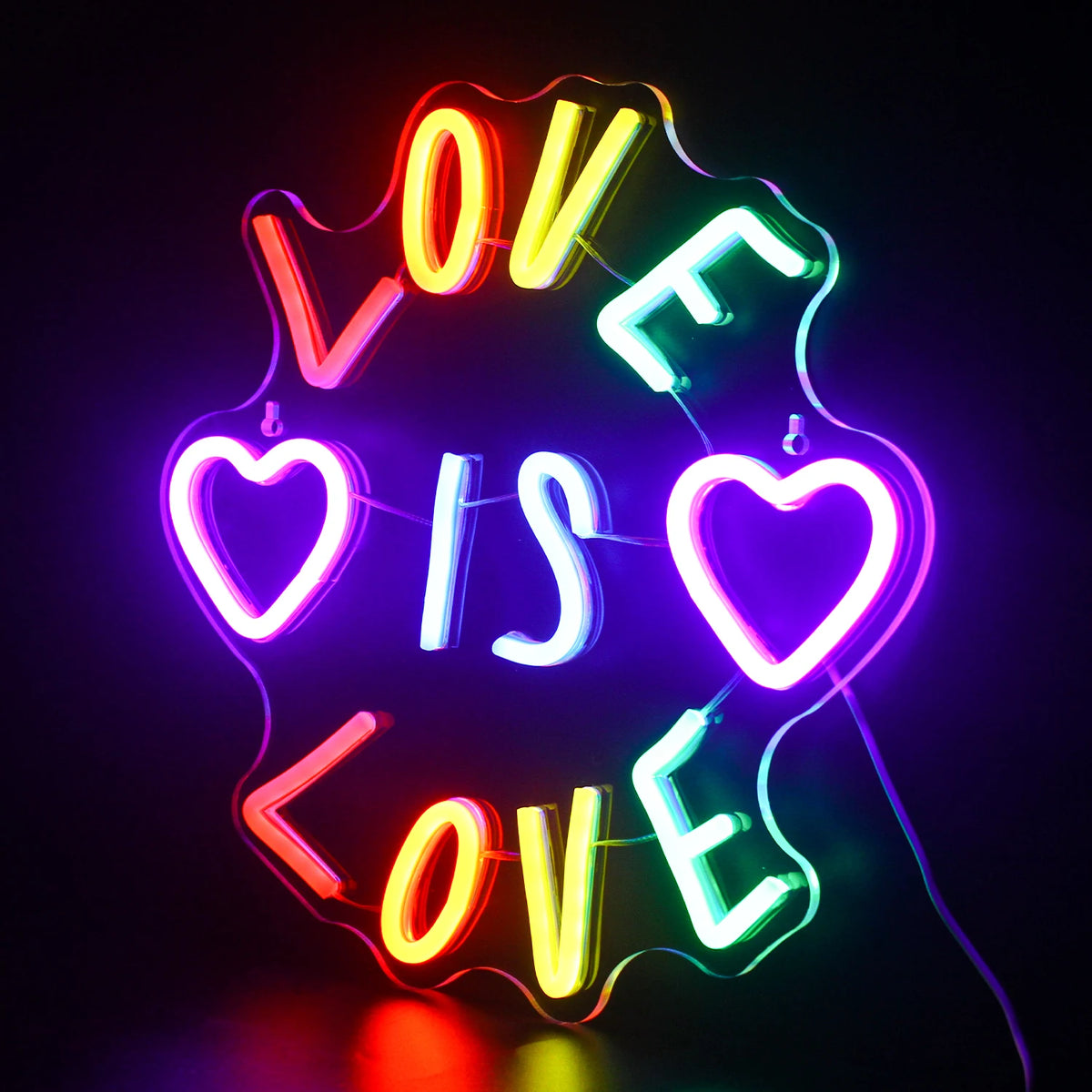 LOVE IS LOVE – Cœurs et lettres colorées – néon LED (5 V USB)