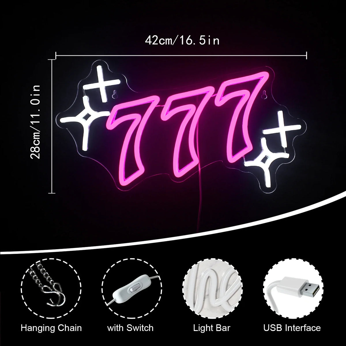 777 – Chiffre porte-bonheur et étoiles – néon LED (5 V USB)