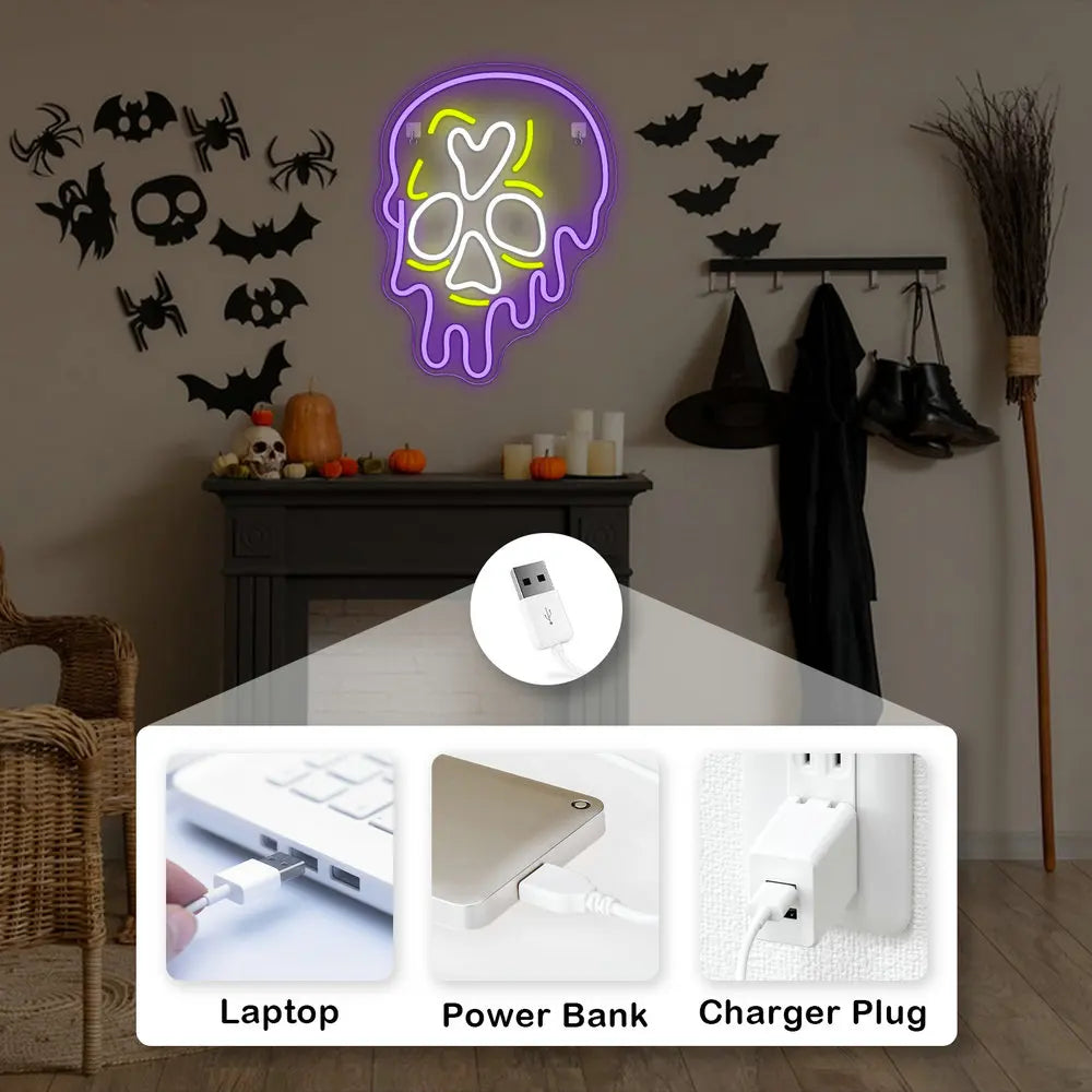 Crâne violet avec effet dégoulinant – néon mural LED (5 V USB)