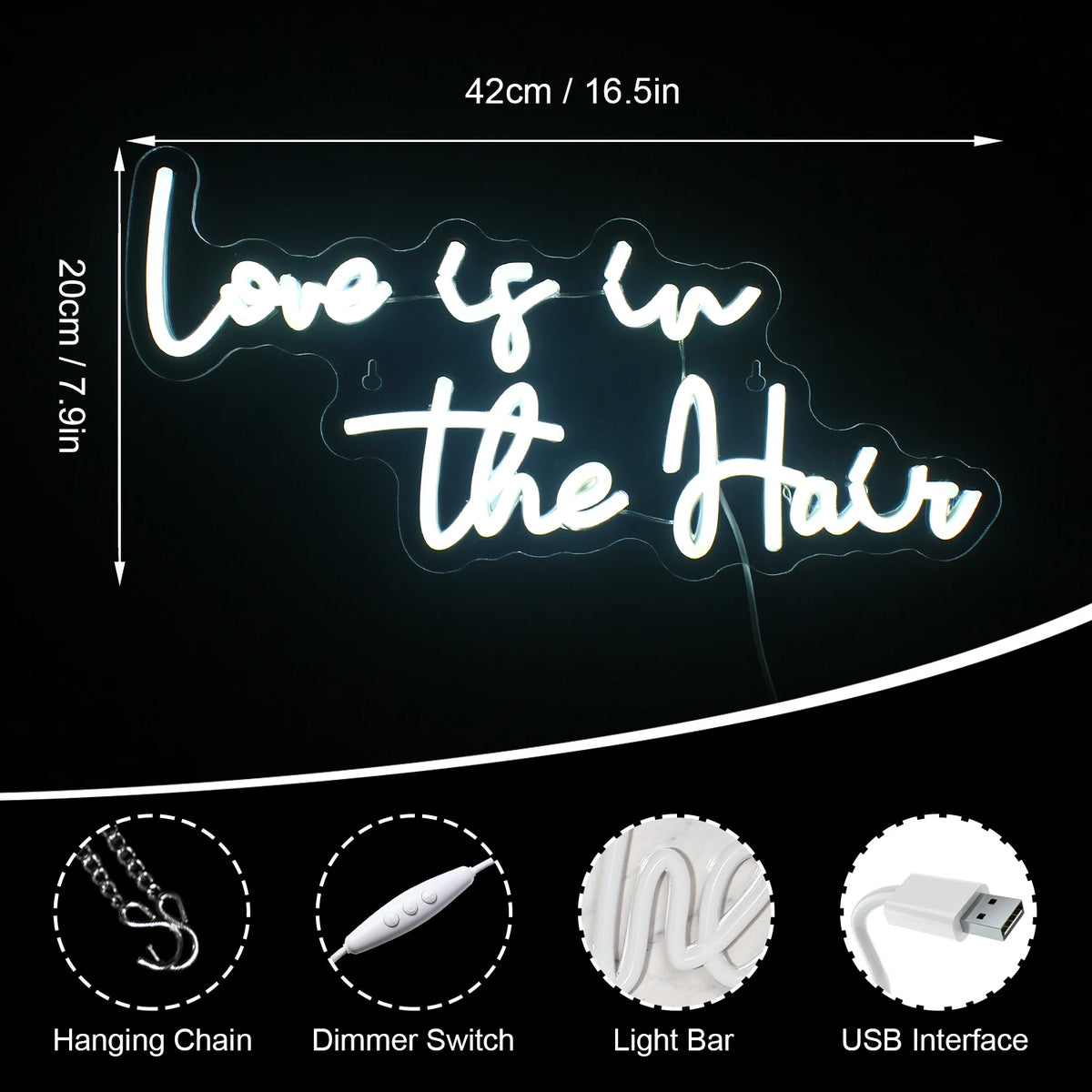 Love is in the Hair – enseigne néon LED (5 V USB)