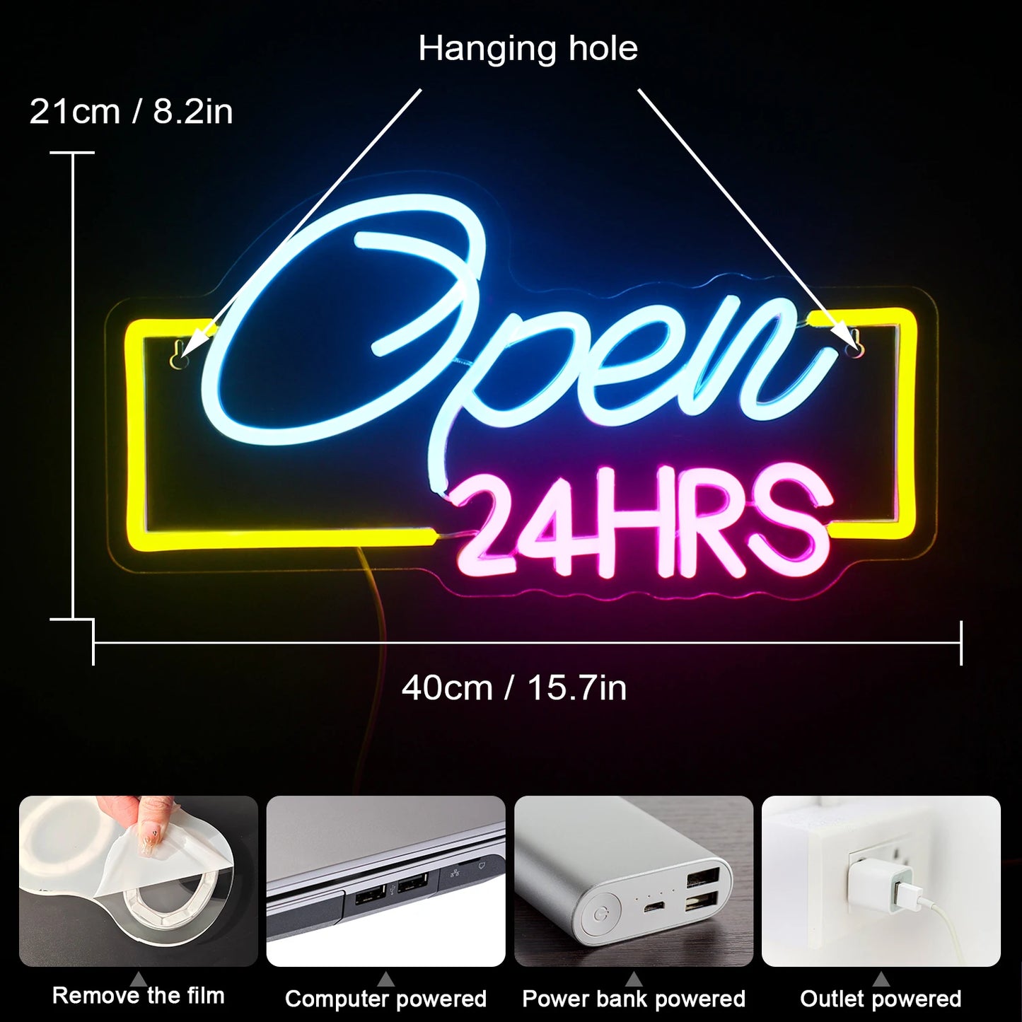 24HRS Open 5V Mini USB LED Neon Sign - Budget Friendly