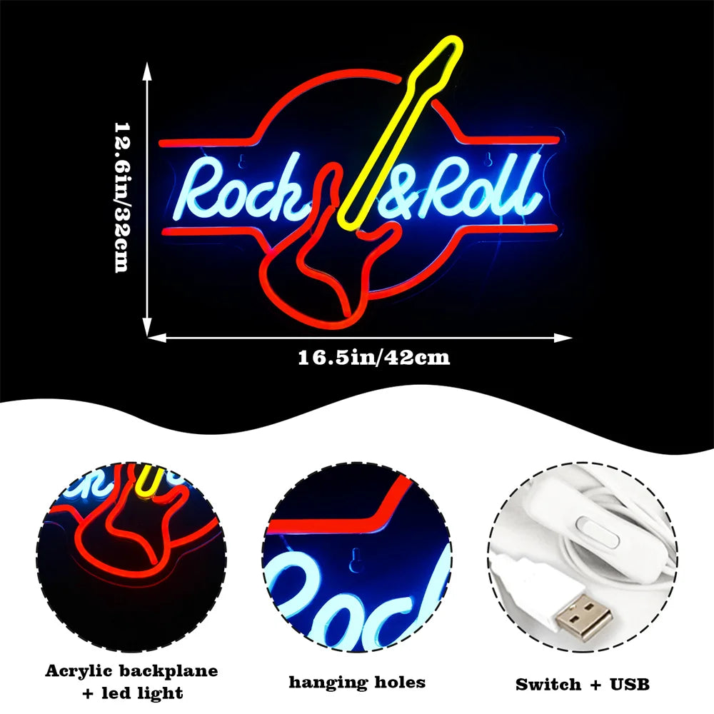 Guitar Rock and Roll 5V Mini USB LED Neon Sign - Budget Friendly