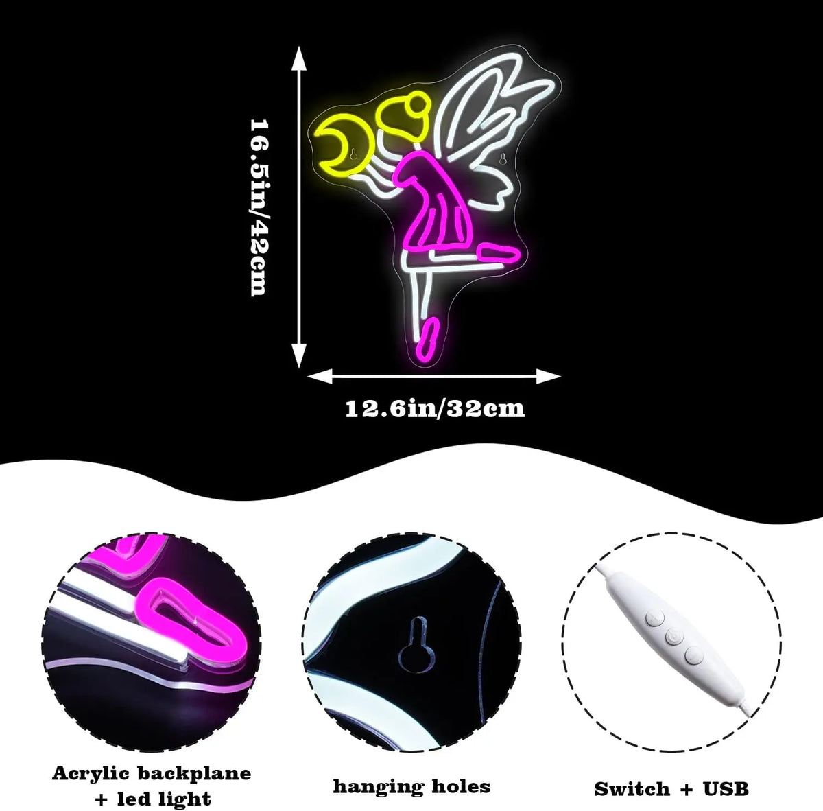 Fata in volo e luna – insegna al neon LED (5 V USB)
