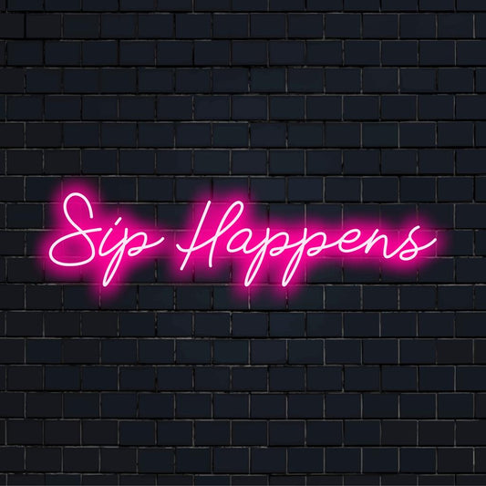 Sip Happens LED sign, chic neon decor. Custom LED design, vibrant glow perfect for adding humor to any space.