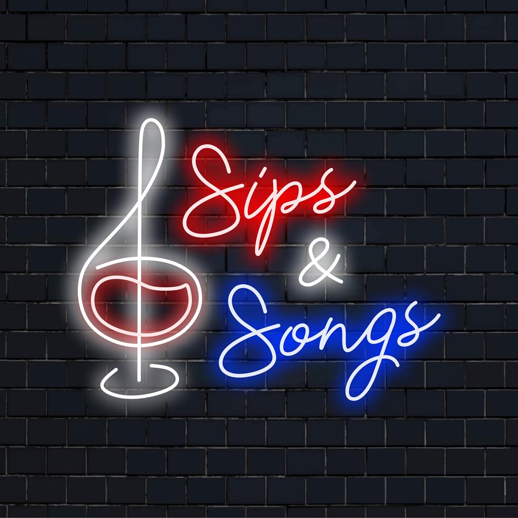 Sips and Songs custom LED neon sign, perfect neon light decor for creating a vibrant and lively atmosphere in any space.