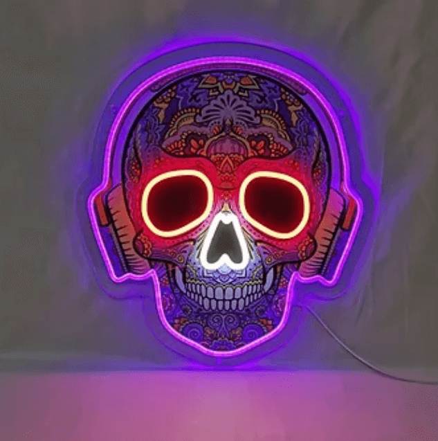 Teschio con cuffie insegna al neon LED con stampa UV