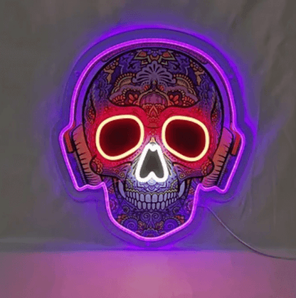 Calavera con auriculares letrero de neón LED con impresión UV