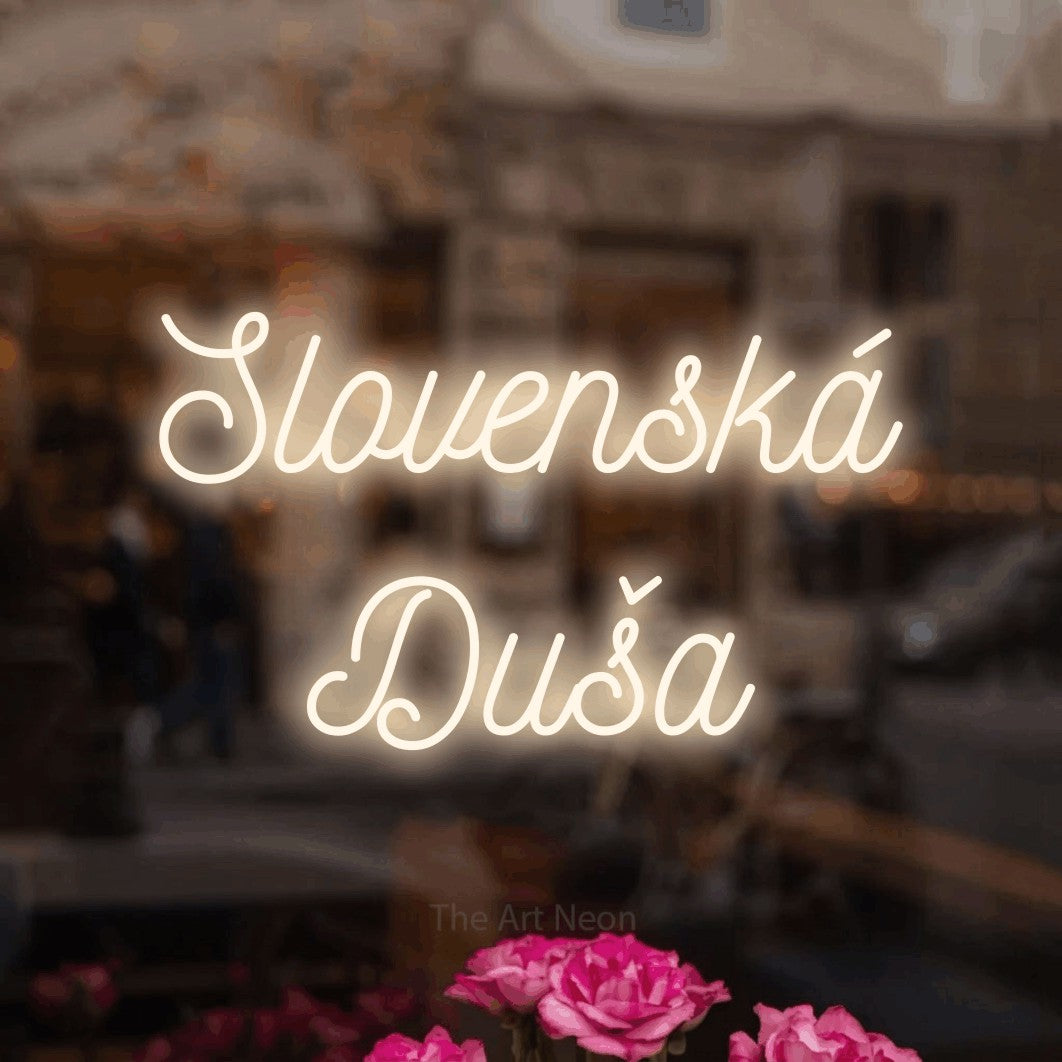 LED neon sign reading “Slovenská Duša”, arranged in two lines.