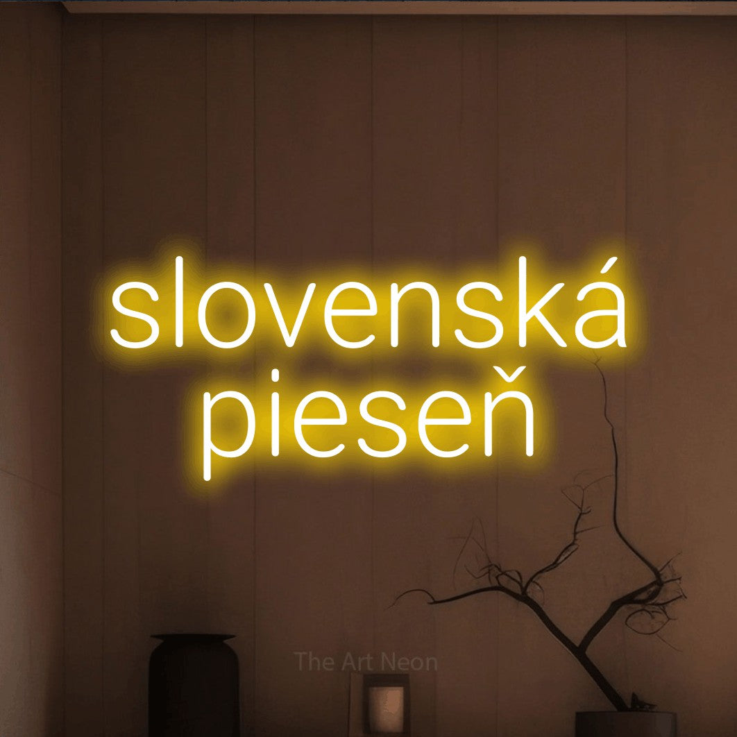 LED neon sign reading “slovenská pieseň”, arranged in two lines.