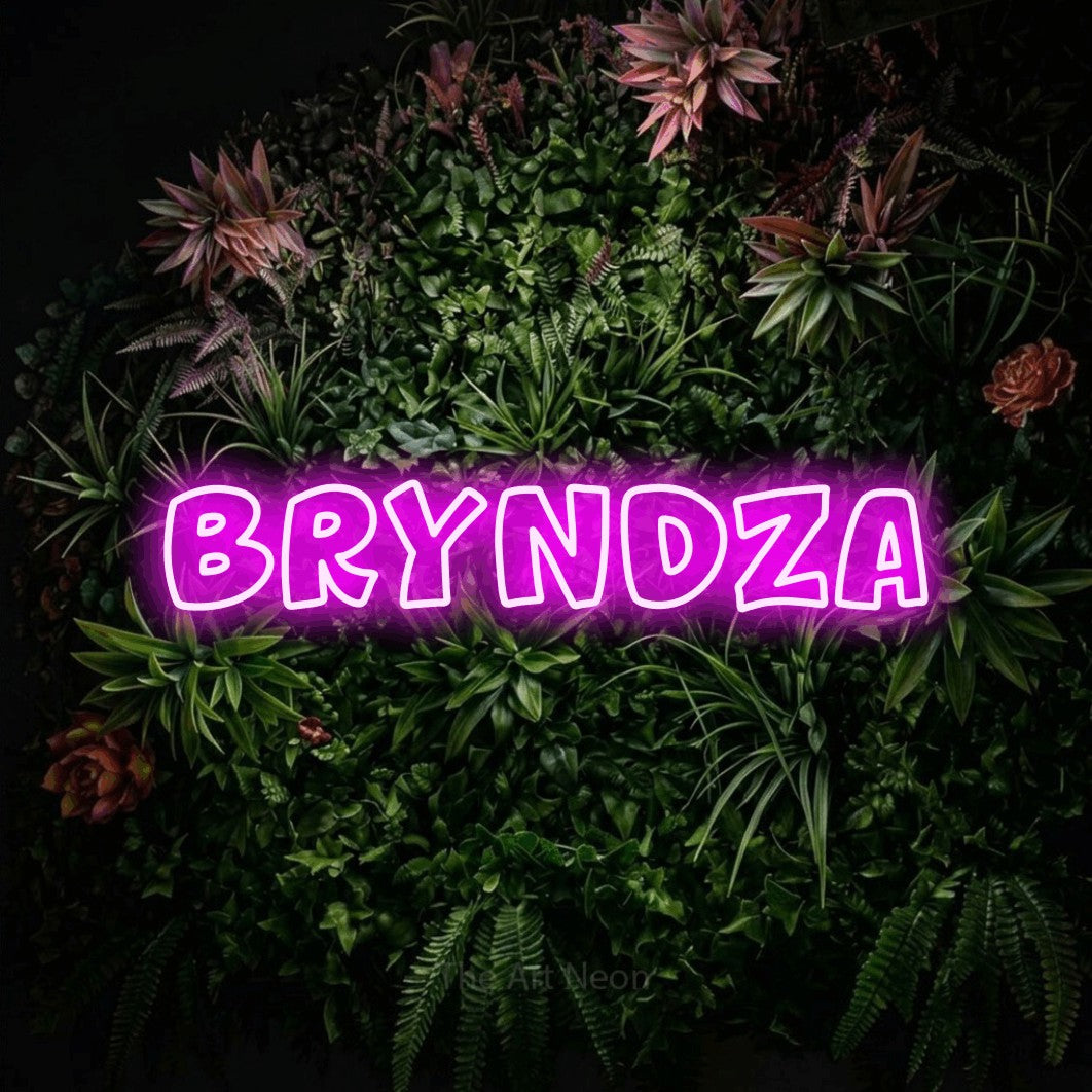 LED neon sign reading “Bryndza”, arranged in a single line.