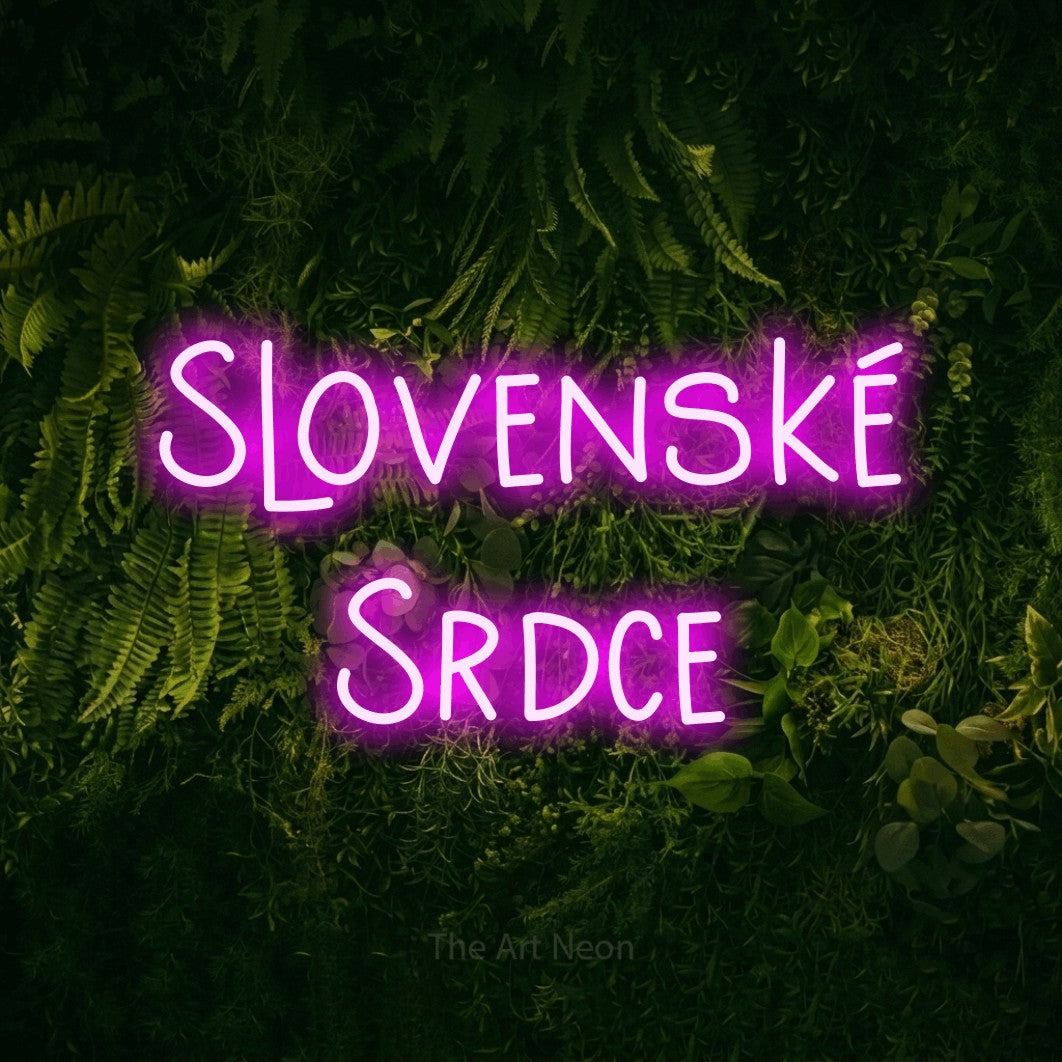 LED neon sign reading “Slovenské Srdce”, arranged in two lines.