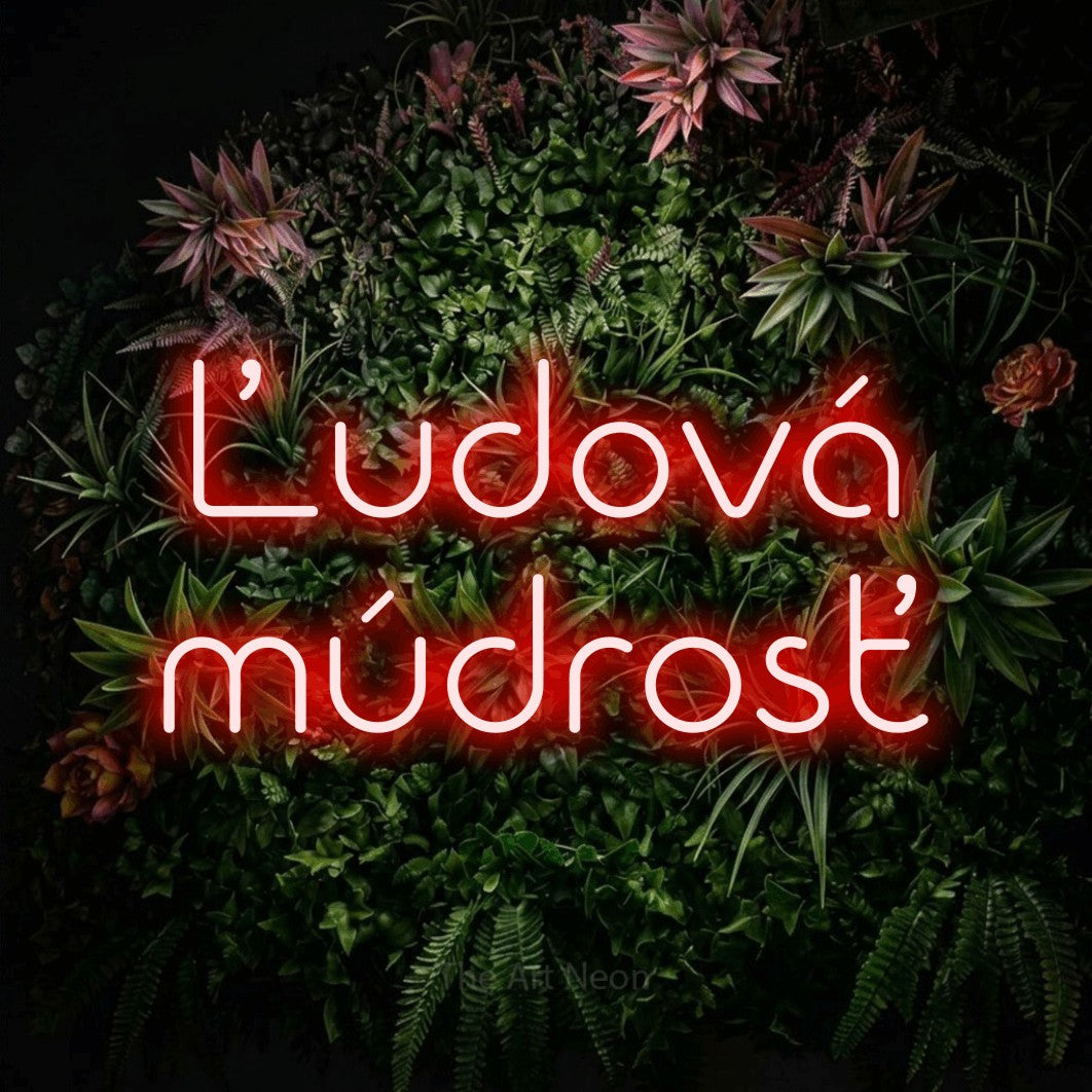LED neon sign reading “Ľudová múdrosť”, arranged in two lines.
