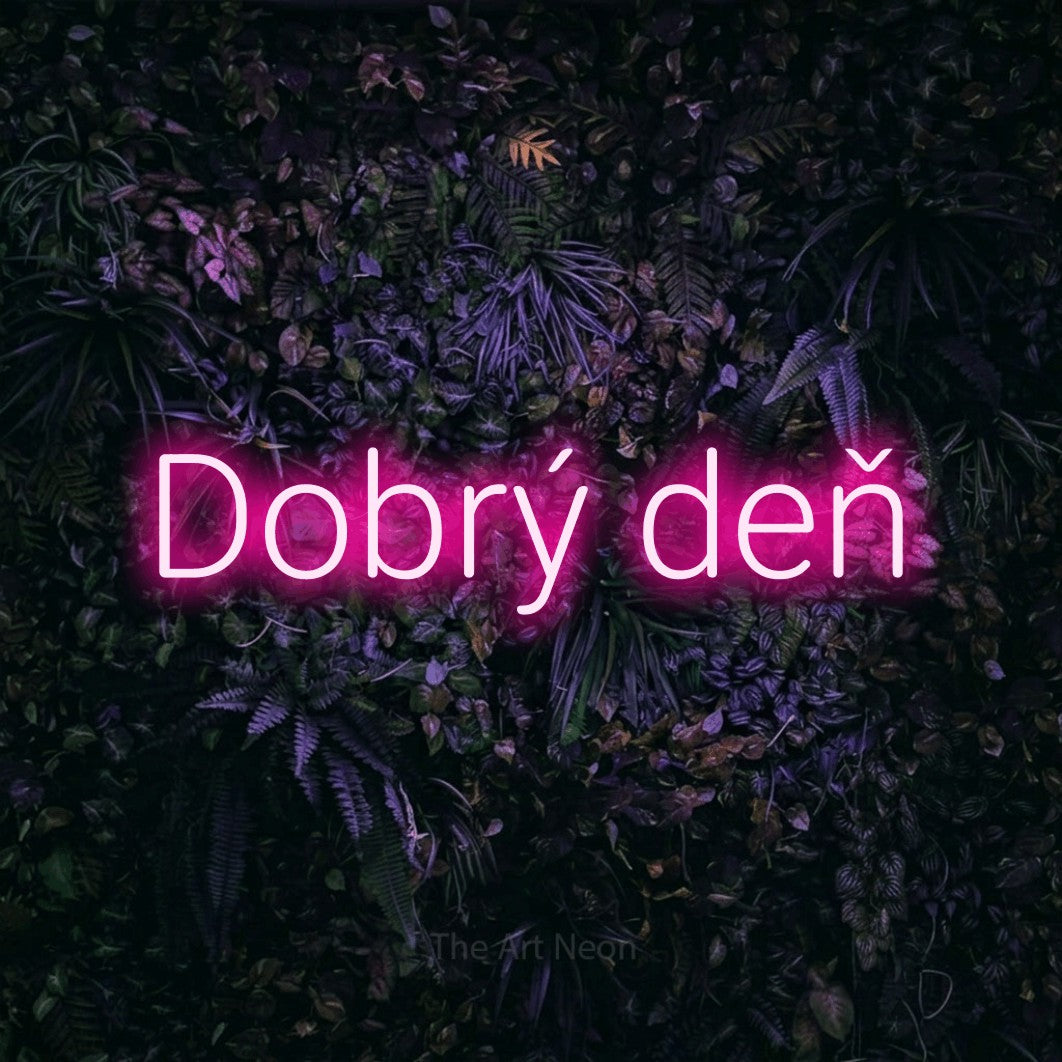 LED neon sign reading “Dobrý deň”, arranged in a single line.