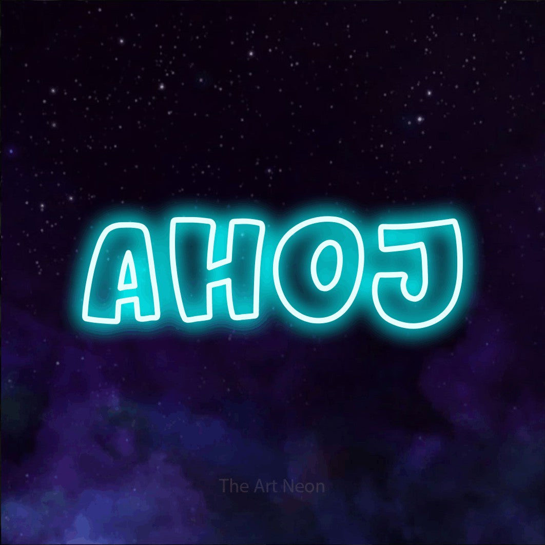 LED neon sign reading “AHOJ”, arranged in a single line.