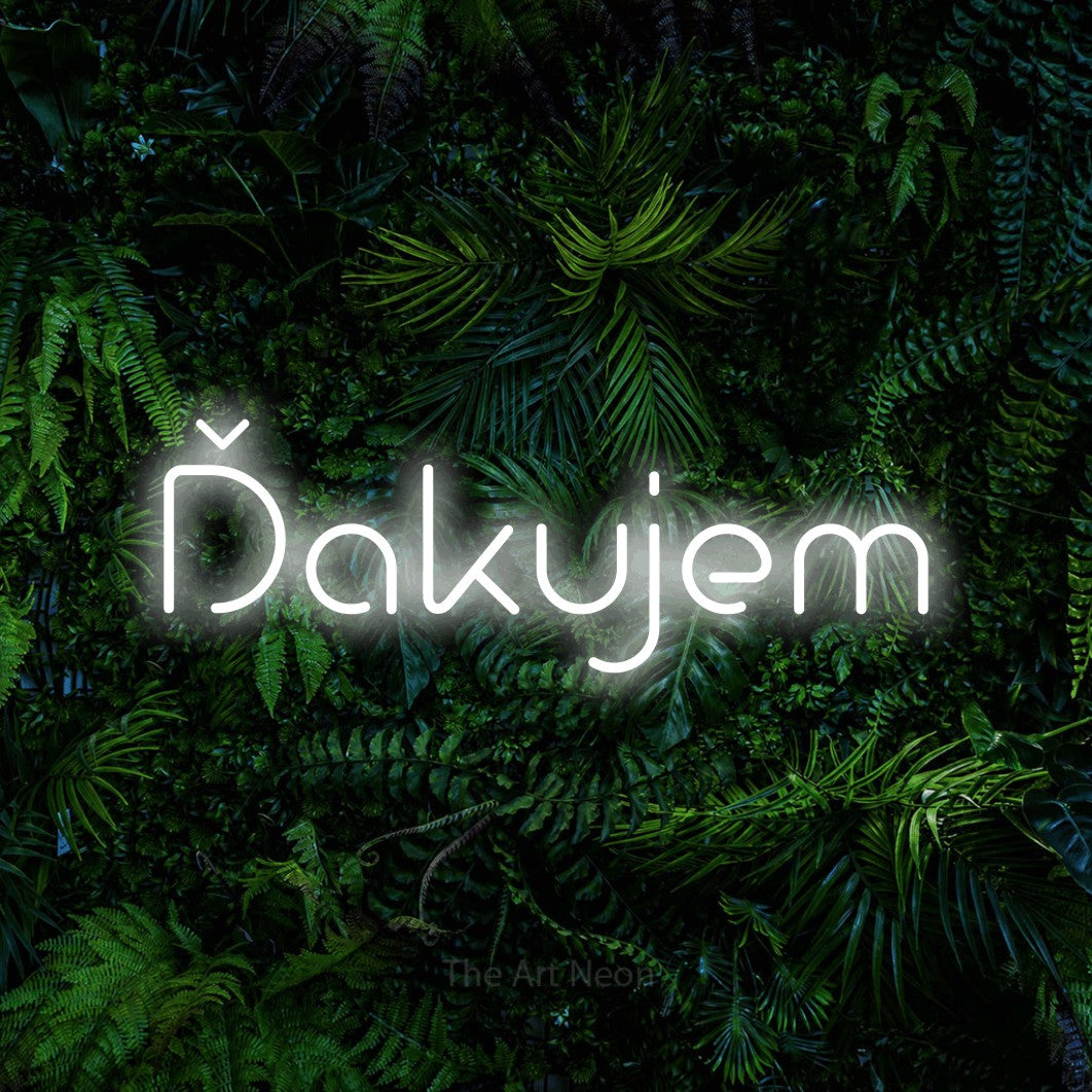 LED neon sign reading “Ďakujem”, arranged in a single line.