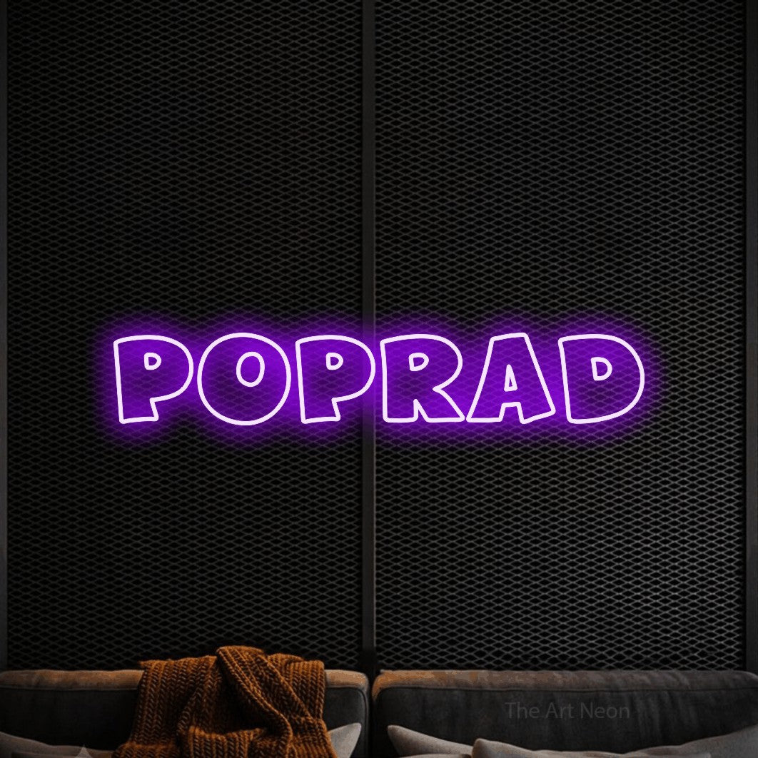 LED neon sign reading “Poprad”, arranged in a single line.